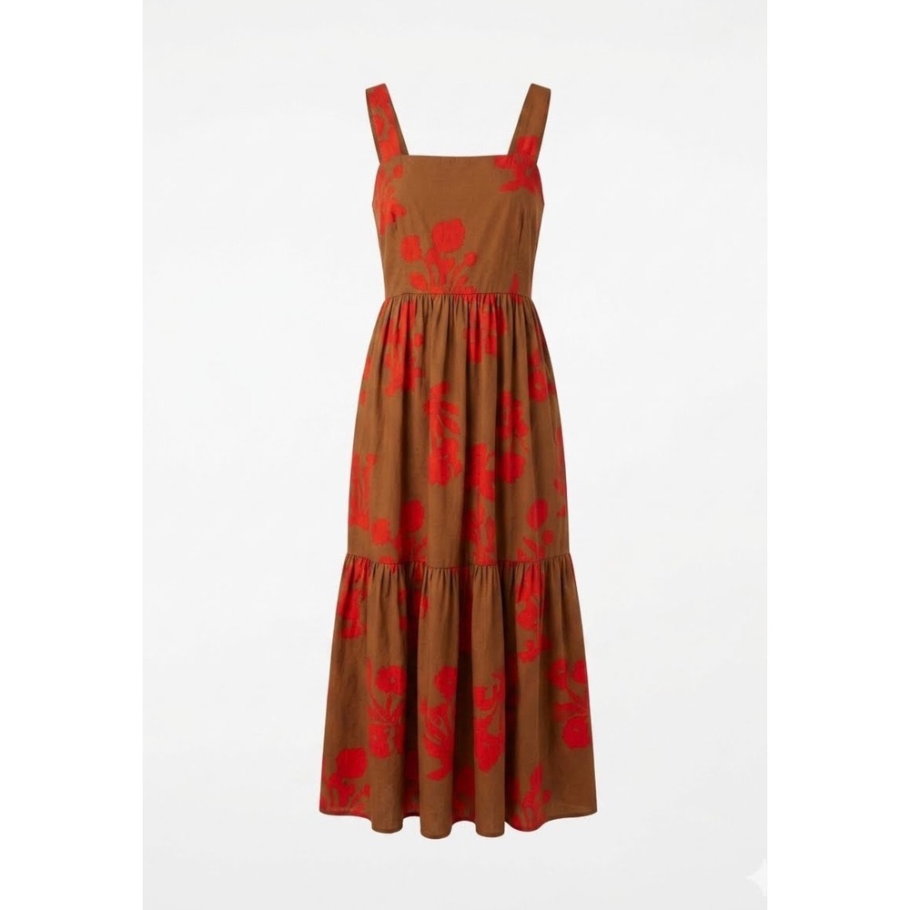 Pink Chicken Sierra Brown Red Floral Tiered Midi Dress Women XS Classic, Smocked